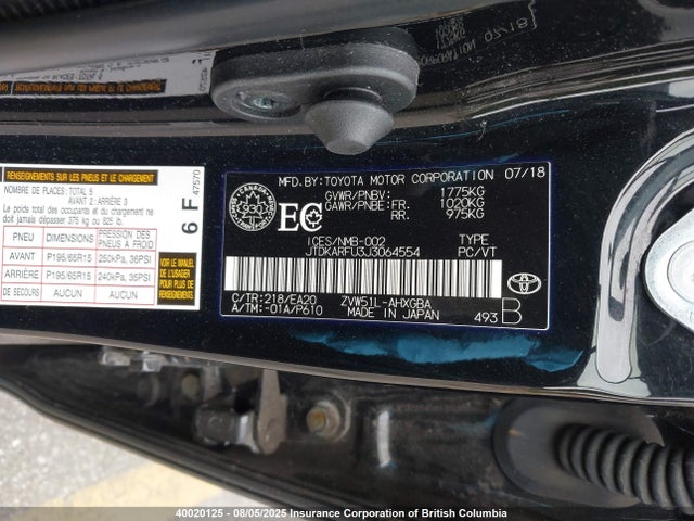 JTDKARFU3J3064554 Toyota 2zr-fxe,1nm