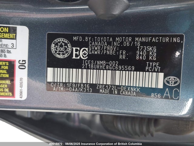 Toyota 2zr-fe 2016 2T1BURHE8GC695569 Image 9