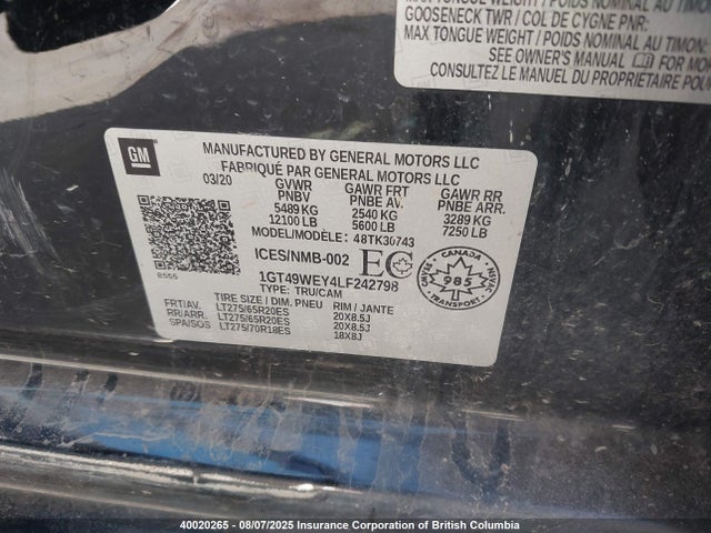 1GT49WEY4LF242798 GMC l5p - di, duramax, gen 5 var. 1