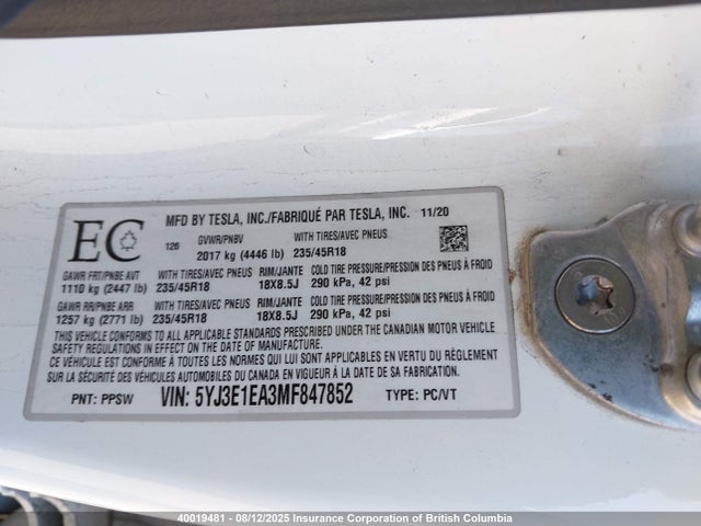 Tesla MODEL 3 2021 5YJ3E1EA3MF847852 Image 9