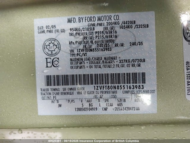 40020381 :رقم المزاد ، 1ZVFT80N855163983 vin ، 2005 Ford Mustang مزاد بيع