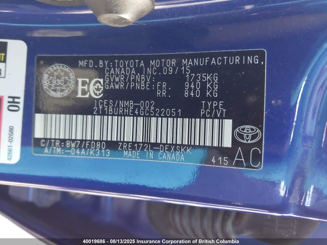 2T1BURHE4GC522051 Toyota 2zr-fe