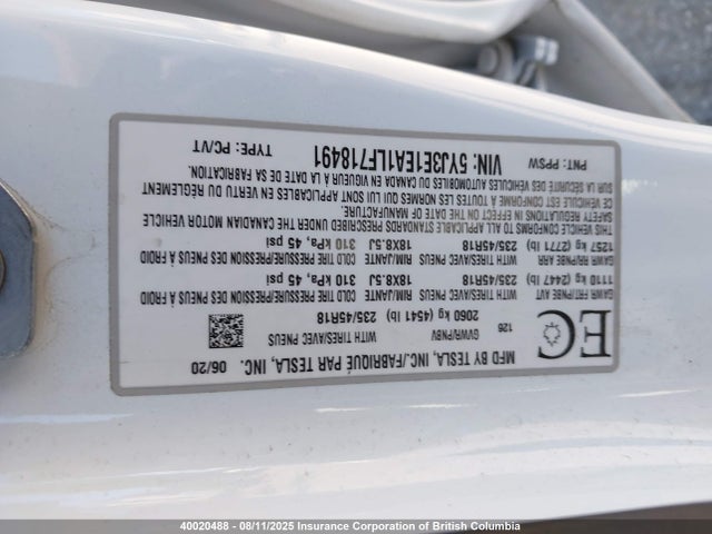 5YJ3E1EA1LF718491 Tesla 2020