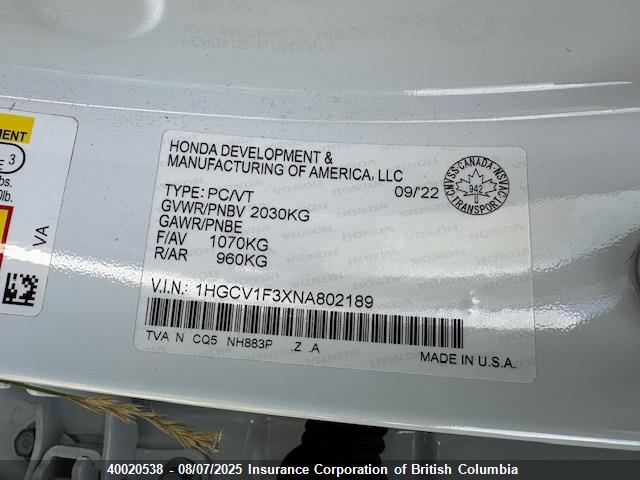 1HGCV1F3XNA802189 Honda l15be