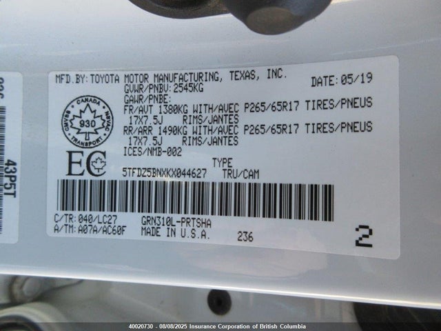 5TFDZ5BNXKX044627 Toyota 2gr-fks