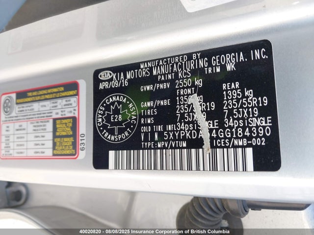 5XYPKDA54GG184390 KIA dohc gdi lambda ii