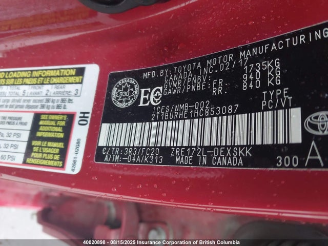 Toyota 2zr-fe 2017 2T1BURHE1HC853087 Image 9