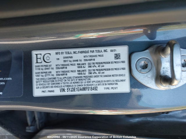 Tesla MODEL 3 2021 5YJ3E1EA4MF918492 Image 9
