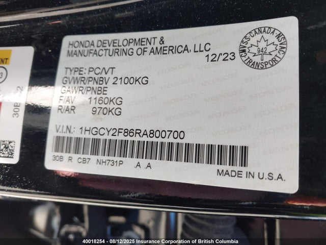 1HGCY2F86RA800700 Honda lfc5