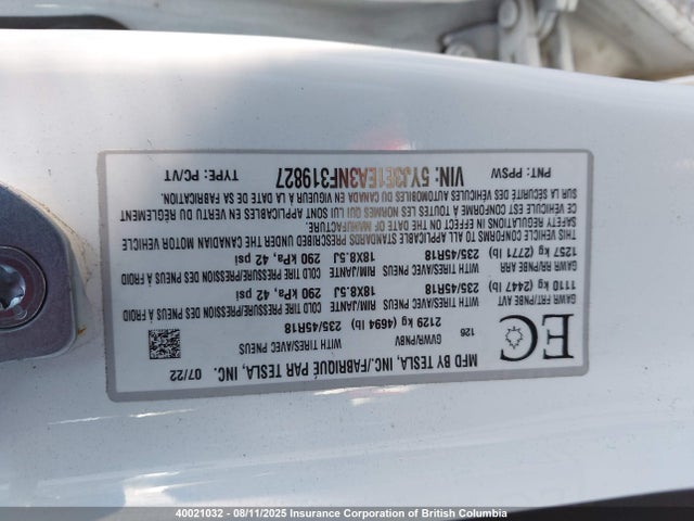 Tesla 2022 2022 5YJ3E1EA3NF319827 Image 9