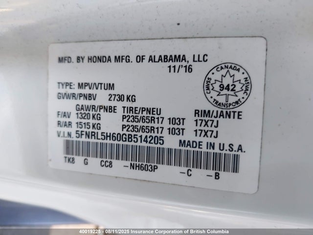 5FNRL5H60GB514205 Honda j35z8