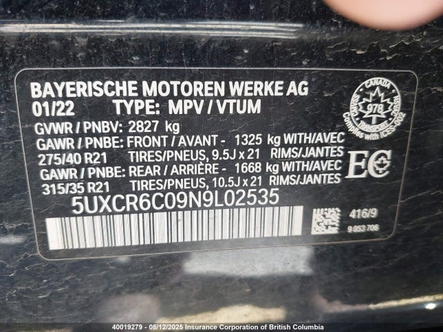 5UXCR6C09N9L02535 BMW 2022