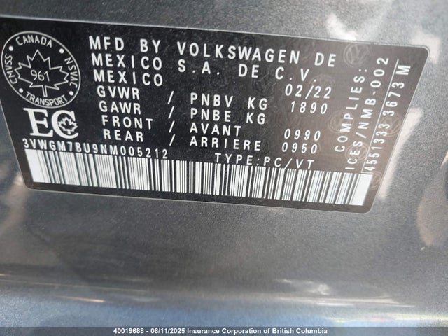 3VWGM7BU9NM005212 Volkswagen 1.5 tsi