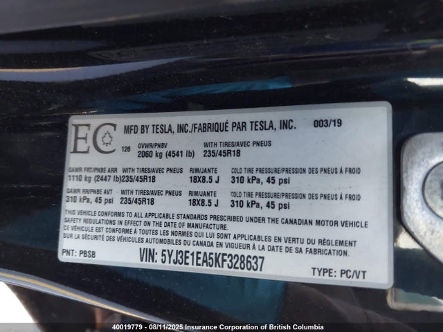 5YJ3E1EA5KF328637 Tesla 2019