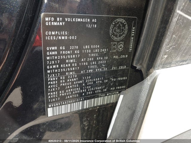 WVGNV7AX2HK019141 Volkswagen 2017