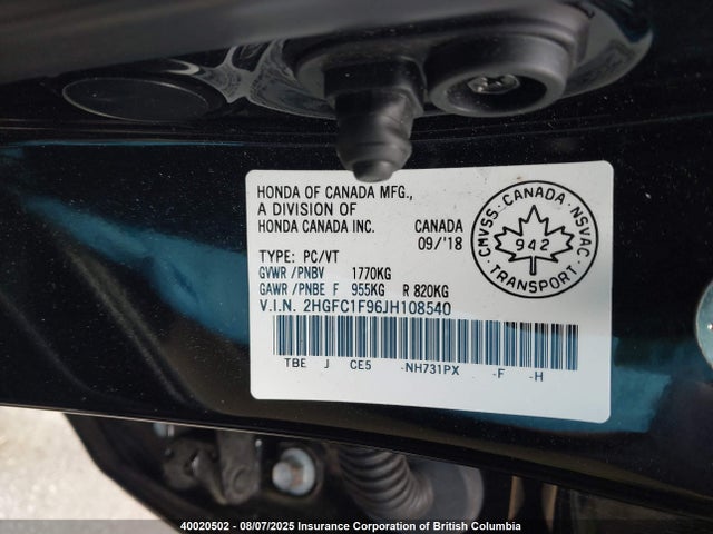 Honda l15b7 2018 2HGFC1F96JH108540 Image 9