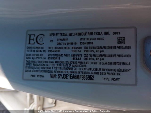Tesla MODEL 3 2021 5YJ3E1EA6MF985952 Image 9
