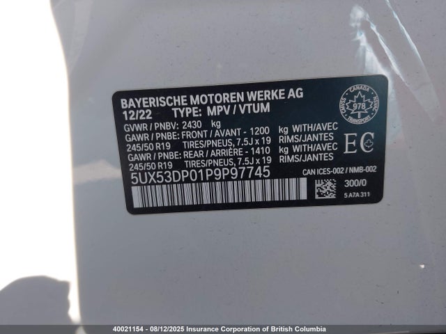 5UX53DP01P9P97745 BMW X3