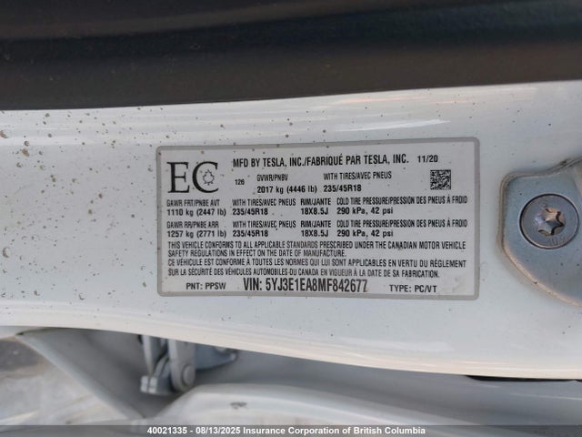 Tesla MODEL 3 2021 5YJ3E1EA8MF842677 Image 9