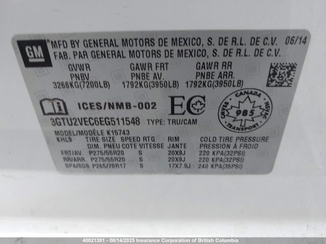 3GTU2VEC6EG511548 GMC l83 - vvt, afm (active fuel management), aluminum