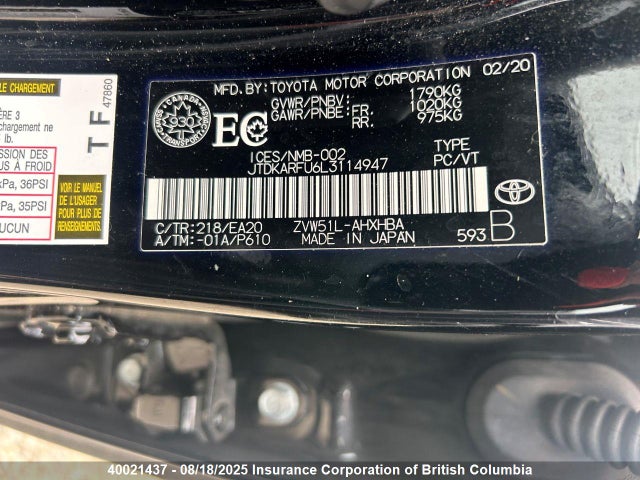 JTDKARFU6L3114947 Toyota 2zr-fxe,1nm+1mm