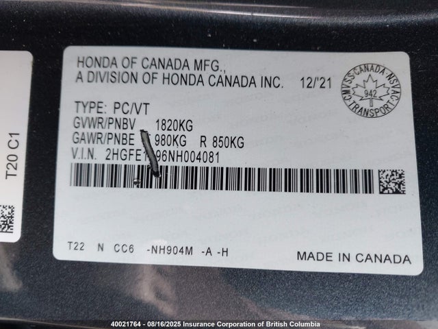 Honda l15b7 2022 2HGFE1F96NH004081 Image 9