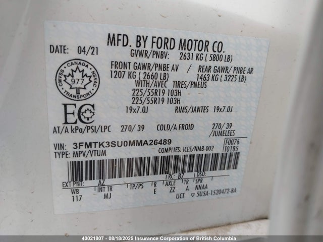 40021807 :رقم المزاد ، 3FMTK3SU0MMA26489 vin ، 2021 Ford Mustang Mach-e Premium مزاد بيع