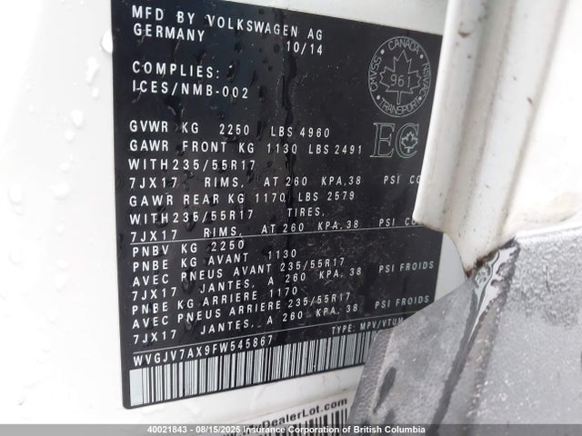 WVGJV7AX9FW545867 Volkswagen 2015
