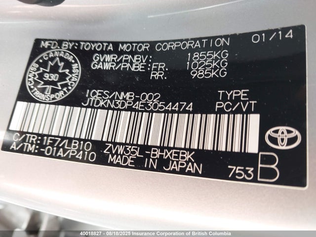 Toyota 2zr-fxe+3jm 2014 JTDKN3DP4E3054474 Image 9