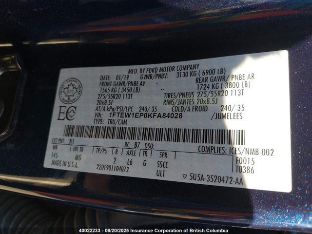 Ford 2.7l-4v 2019 1FTEW1EP0KFA84028 Image 9