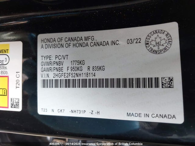 Honda k20c2 2022 2HGFE2F52NH118114 Image 9