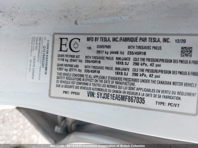 Tesla MODEL 3 2021 5YJ3E1EA5MF867035 Image 9