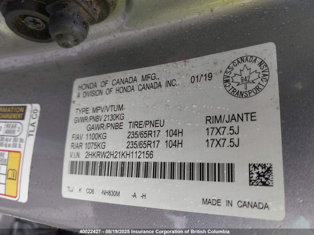 2HKRW2H21KH112156 Honda k24w9/k24v9