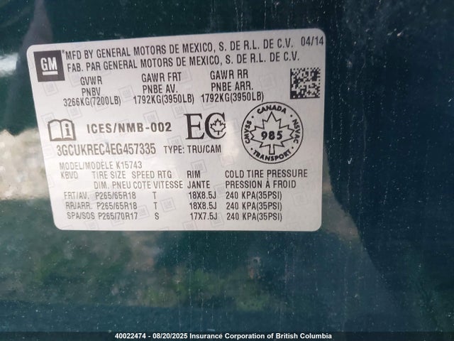 3GCUKREC4EG457335 Chevrolet l83 - vvt, afm (active fuel management), aluminum