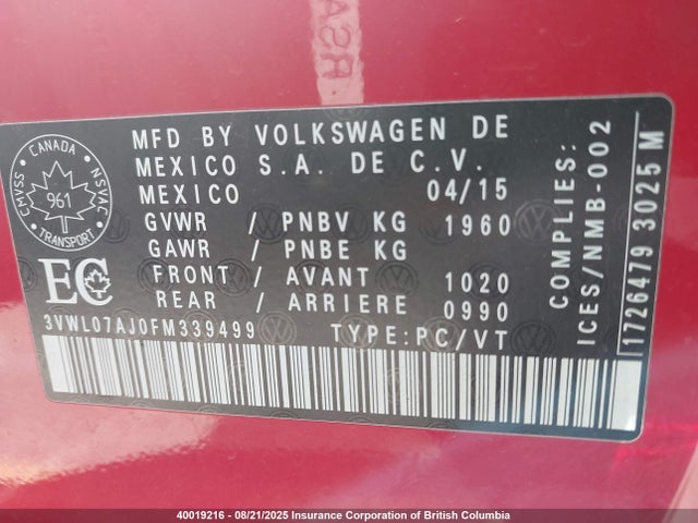 3VWL07AJ0FM339499 Volkswagen 2015