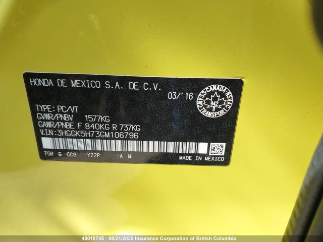 3HGGK5H73GM106796 Honda l15b1