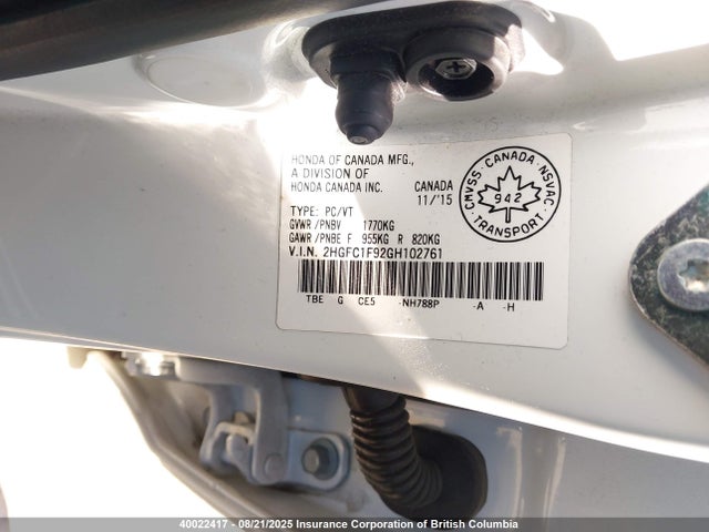 2016 Honda Civic Touring მანქანა იყიდება აუქციონზე, vin: 2HGFC1F92GH102761, აუქციონის ნომერი: 40022417