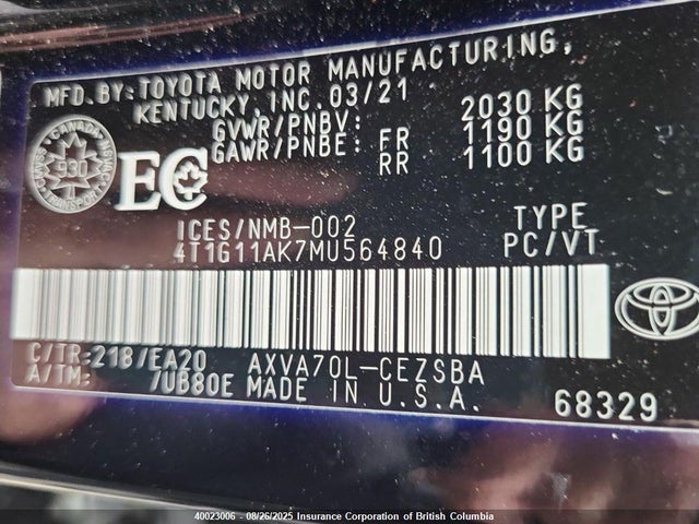 4T1G11AK7MU564840 Toyota a25a-fks