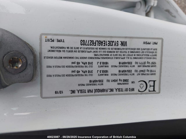 5YJ3E1EA6LF627703 Tesla MODEL 3