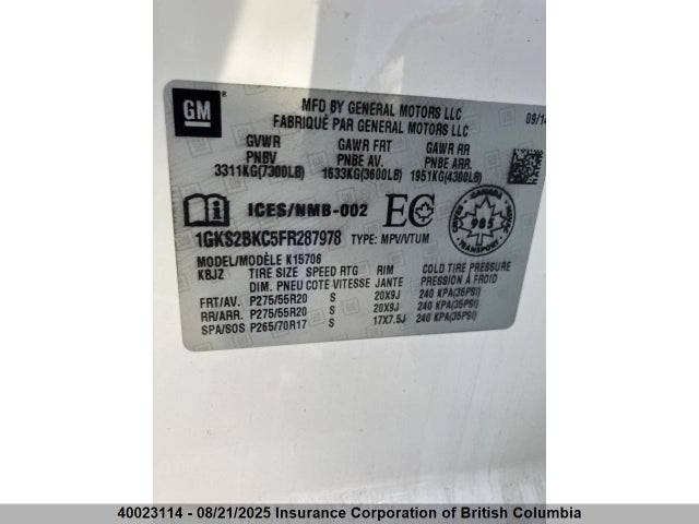 1GKS2BKC5FR287978 GMC l83 - vvt, active fuel management, aluminum