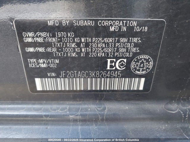 JF2GTAGC3K8264945 Subaru naturally aspirated