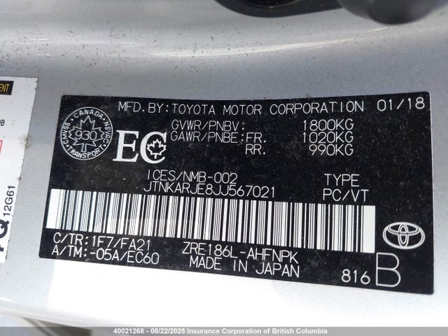 JTNKARJE8JJ567021 Toyota 2zr-fae