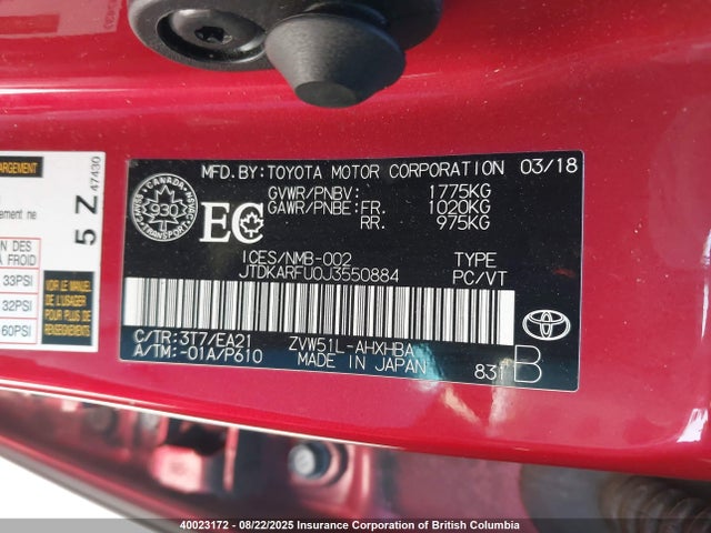 JTDKARFU0J3550884 Toyota 2zr-fxe,1nm