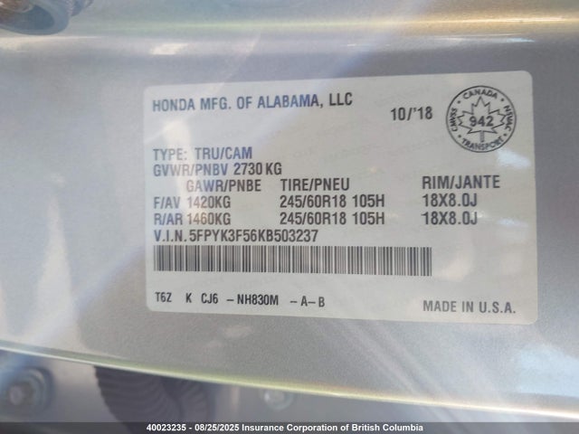 5FPYK3F56KB503237 Honda j35y6