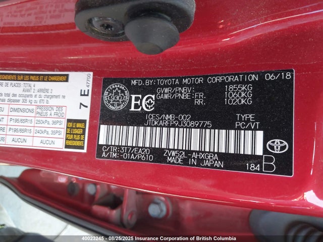 Продажа на аукционе авто 2018 Toyota Prius, vin: JTDKARFP9J3089775, номер лота: 40023245