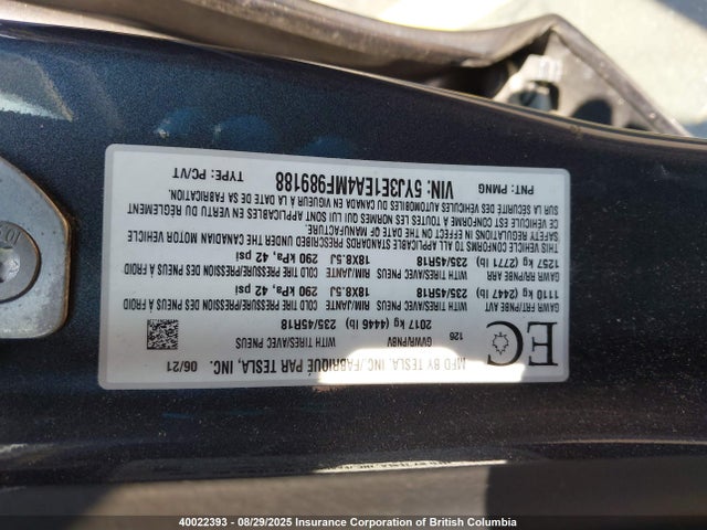 5YJ3E1EA4MF989188 Tesla MODEL 3