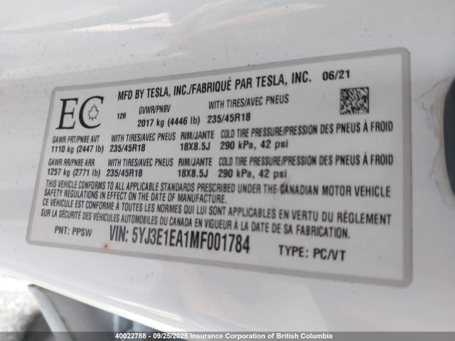 5YJ3E1EA1MF001784 Tesla 2021