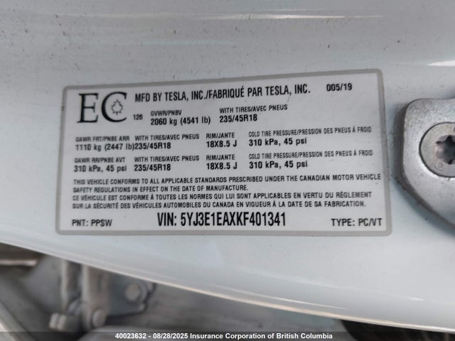 5YJ3E1EAXKF401341 Tesla MODEL 3