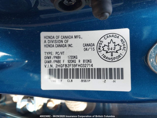 Honda r18z1 2015 2HGFB2F59FH032714 Image 9