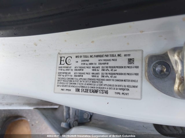 5YJ3E1EA6NF173746 Tesla MODEL 3